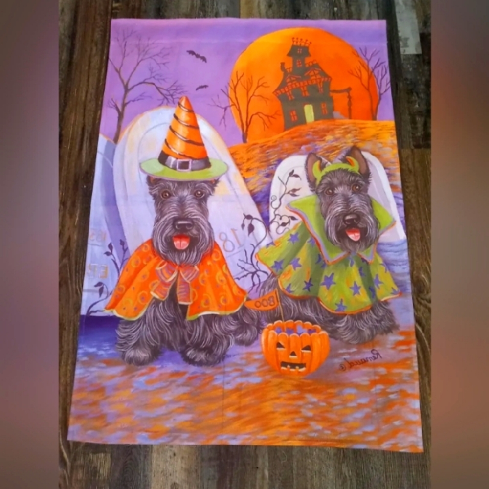 Vtg Halloween Garden Flag Schnauzer Black Dogs in Costumes Trick or Treating